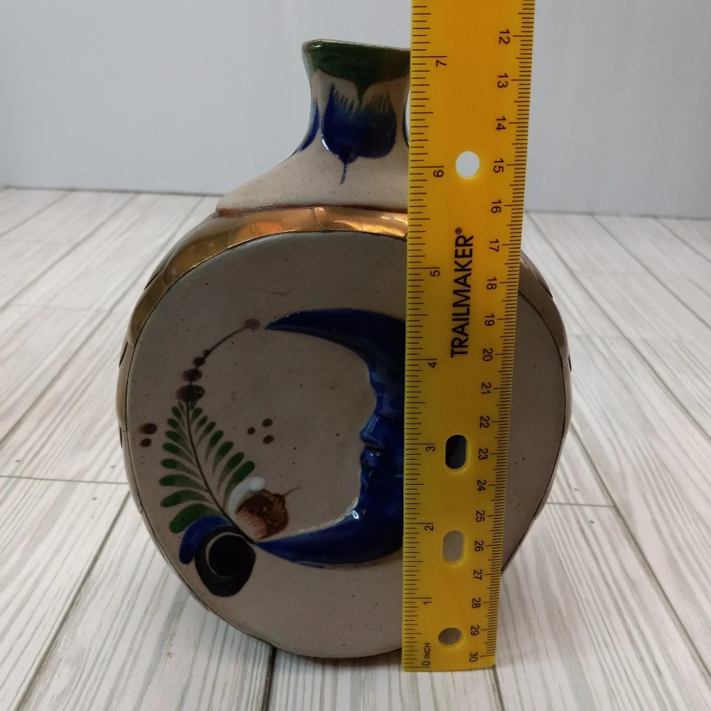 Vintage Mexican Tonala Hand Painted Pottery Sun & Moon Folk Art Brass Vase